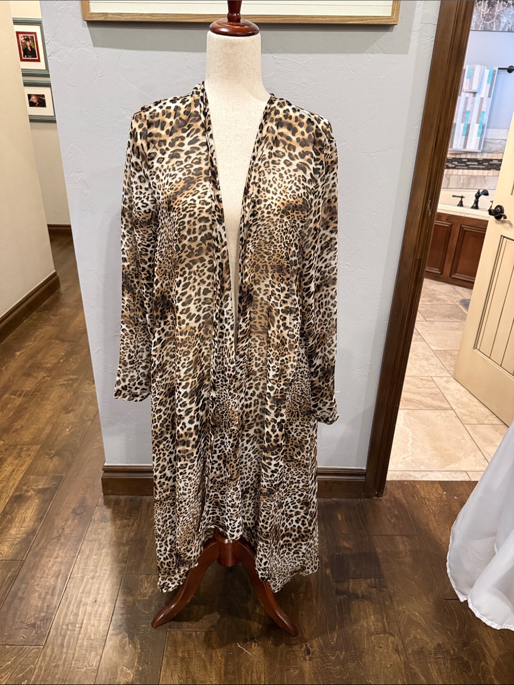 Leopard Print Open Front Duster Jacket - Brown Animal Print